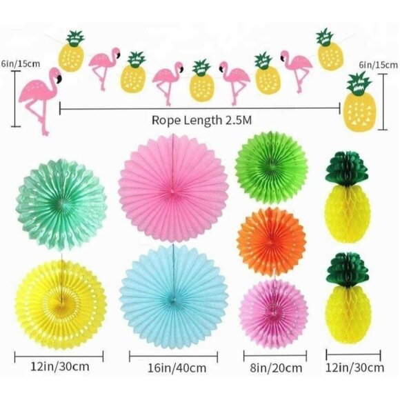 Hawaiian Luau Party Decorations Kit Flamingo Decor Pineapple Banner Paper Fans - Picture 2 of 3